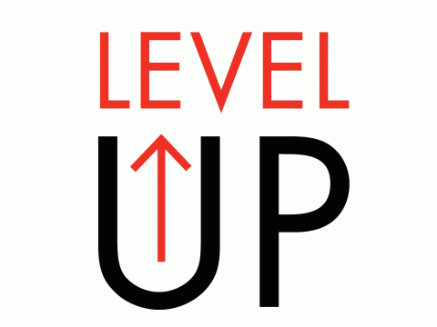 Red and black text reads Level Up