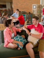 Students chatting in the wellness lounge.
