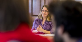 Tammy Nyden, Associate Professor of Philosophy, teaches a class in Steiner Hall
