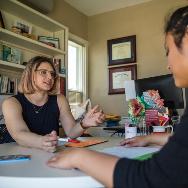 Keira Wilson, Assistant Director of Service and Social Innovation for Careers, Life, and Service, advises students in her office