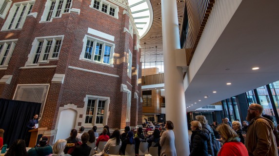Unveiling of Toni Morrison’s name on the ARH facade in the HSSC atrium Feb. 20, 2020.