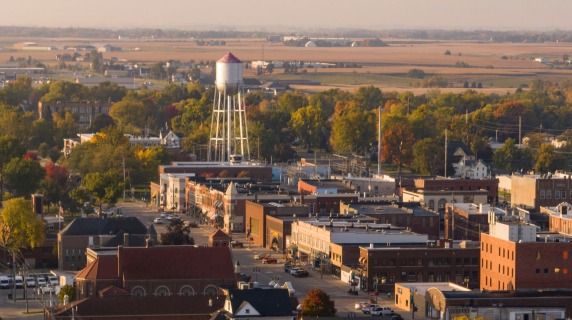 drone shot of downtown Grinnell