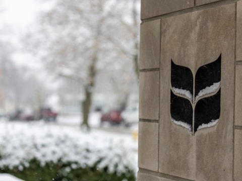 grinnell logo on stone with snow in the background