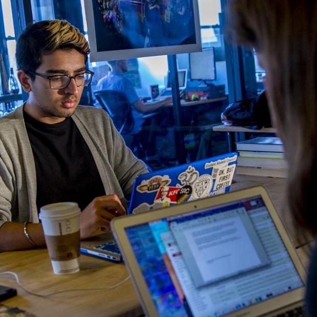 Student working on computer at internship