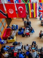Flags in the on-campus grille.