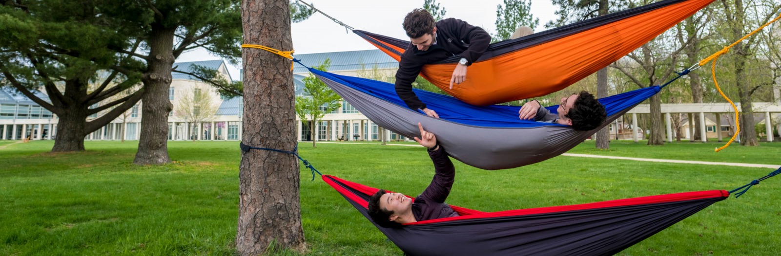 Three student lounge in hammocks 