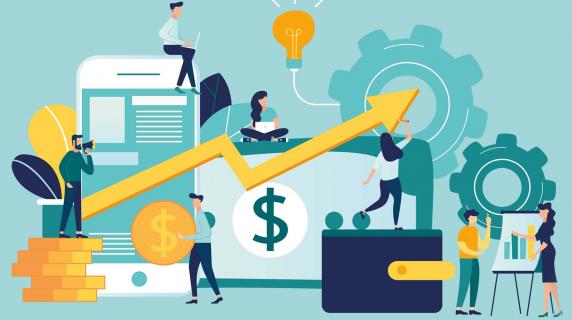 illustration of money and a bar graph going up