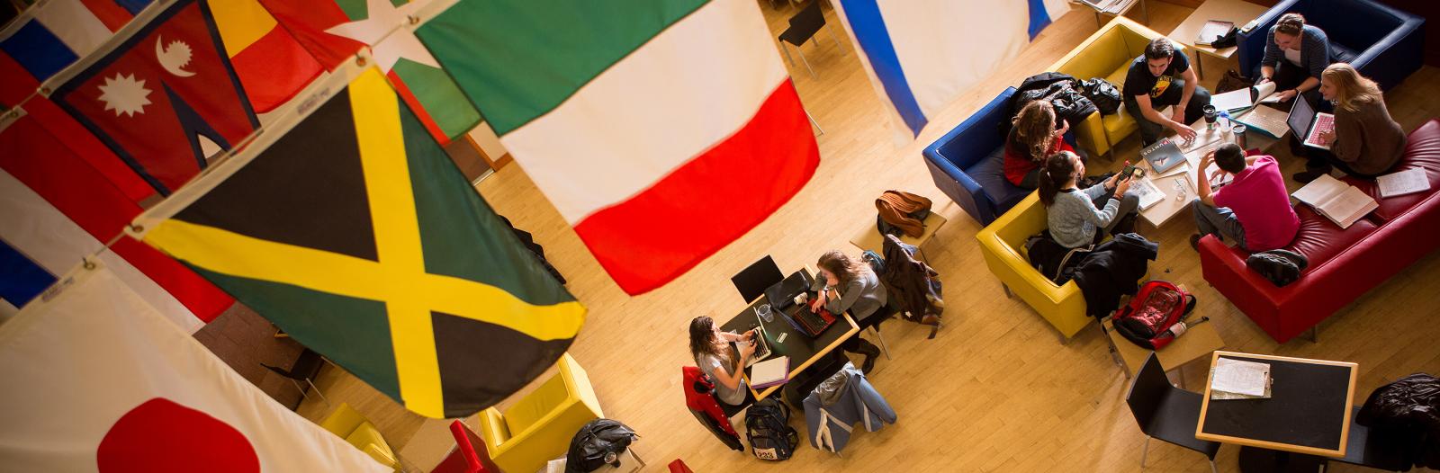 Students in a small group in the Grille area of the JRC.