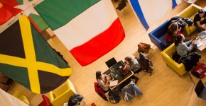 Students in a small group in the Grille area of the JRC.