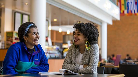 Two students talk in the Grill in the JRC