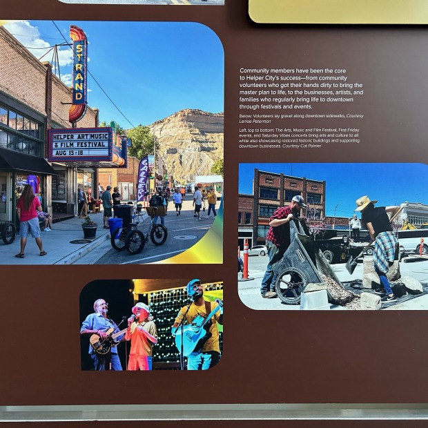 photos of movie theater, singers in a band, workers repairing a sidewalk and dumping concrete