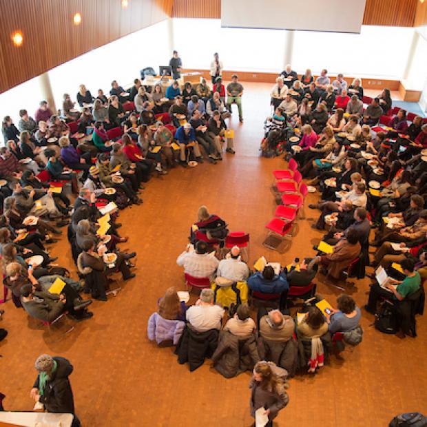 overhead view of crowd at town hall meeting