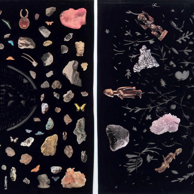 Detail of "The Mothership Connection" by William Villalongo, showing the center division between the left and right halves. Each contains images of rock crystals and African statuary.