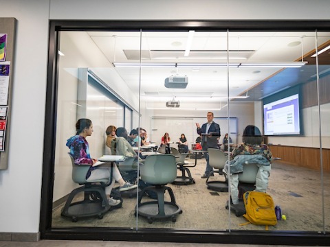 Outside looking into a classroom taught by Dan Reynolds