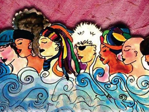 A drawing of a line of women covered by waves