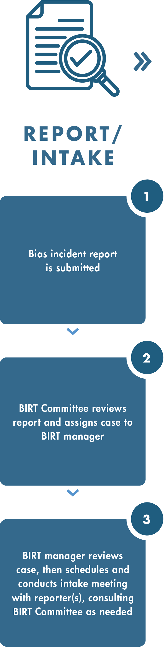 Report and Intake 1. Bias incident report is submitted. 2. BIRT Committee reviews report and assigns case to BIRT manager. 3. BIRT manager reviews case, then schedules and conducts intake meeting with reporter, consulting BIRT Committee as needed.