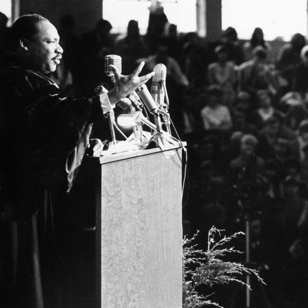 MLK at podium in Darby Gymnasium