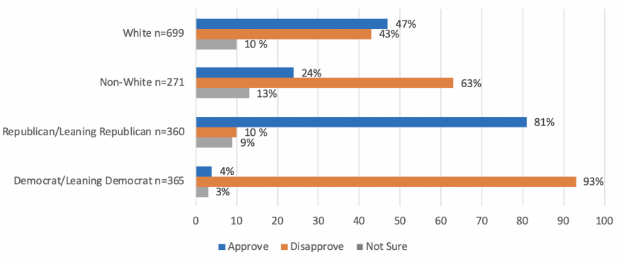 Bar chart of approval ratings of the job Trump has done in ensuring equal treatment for African Americans, by race