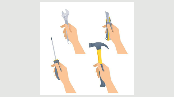 hands holding hammer, screw driver, wrench, and box cutter