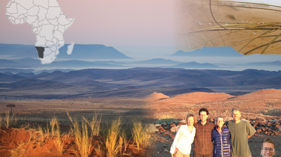 Collage of Africa map, Namib Sand Sea, bunchgrass, and researchers
